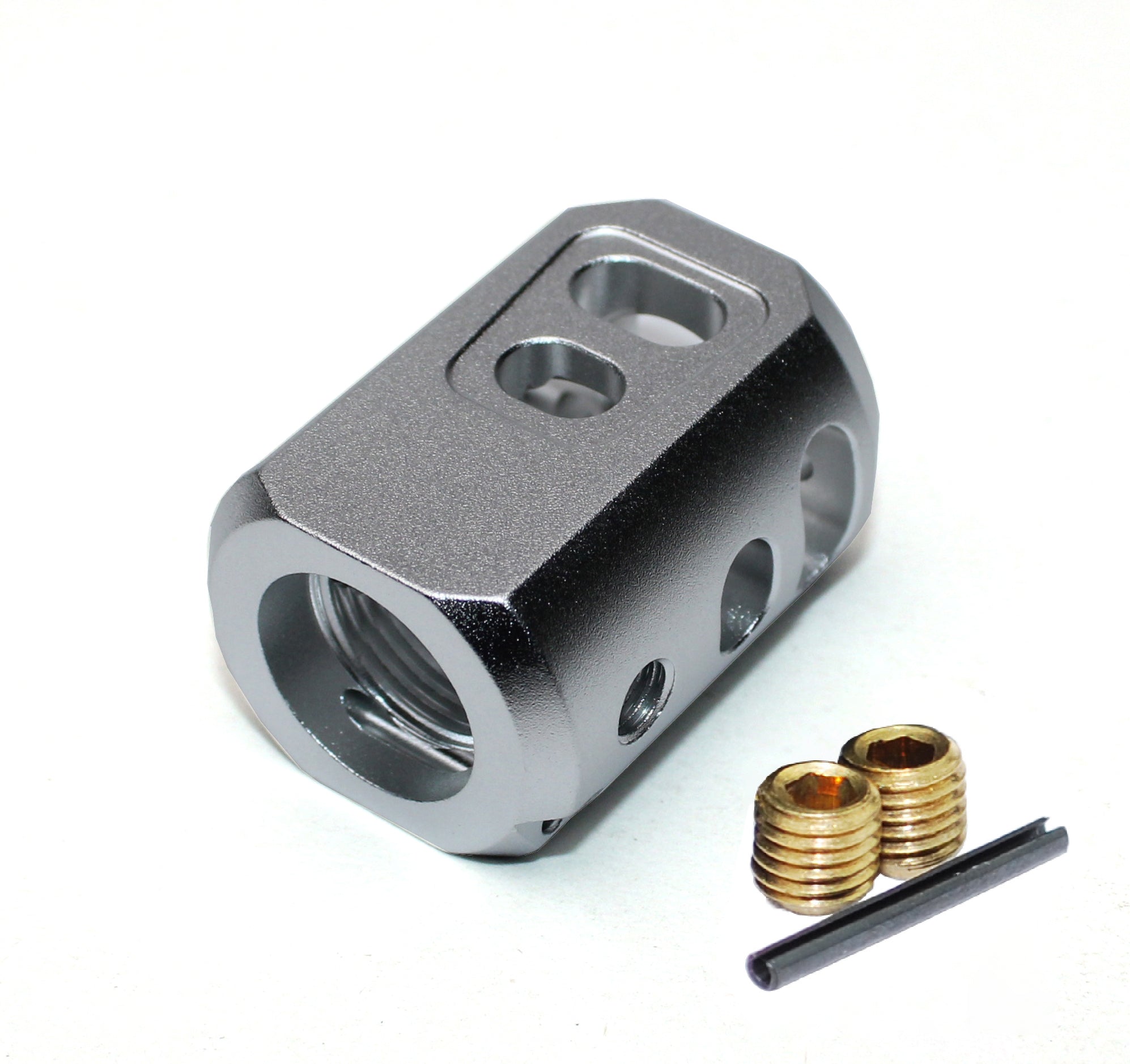 Anodized Silver 9mm Muzzle Brake 1/2x28 TPI Compensator F Glock Aluminum 6082 T6 Anodized Silver 9mm Muzzle Brake 1/2x28 TPI Compensator F Glock Aluminum 6082 T6