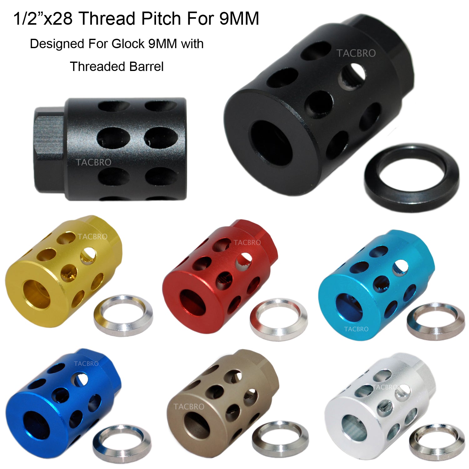 Anodized Aluminum 1/2x28 Thread Pitch Muzzle Brake for Glock 9MM-Colo –  TacBroUSA